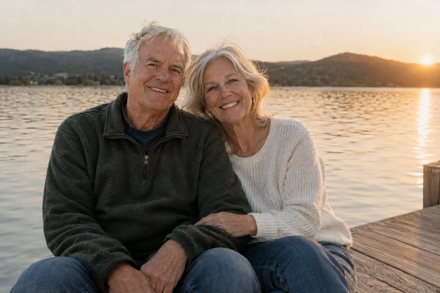 An older couple relaxing on a lakeside dock