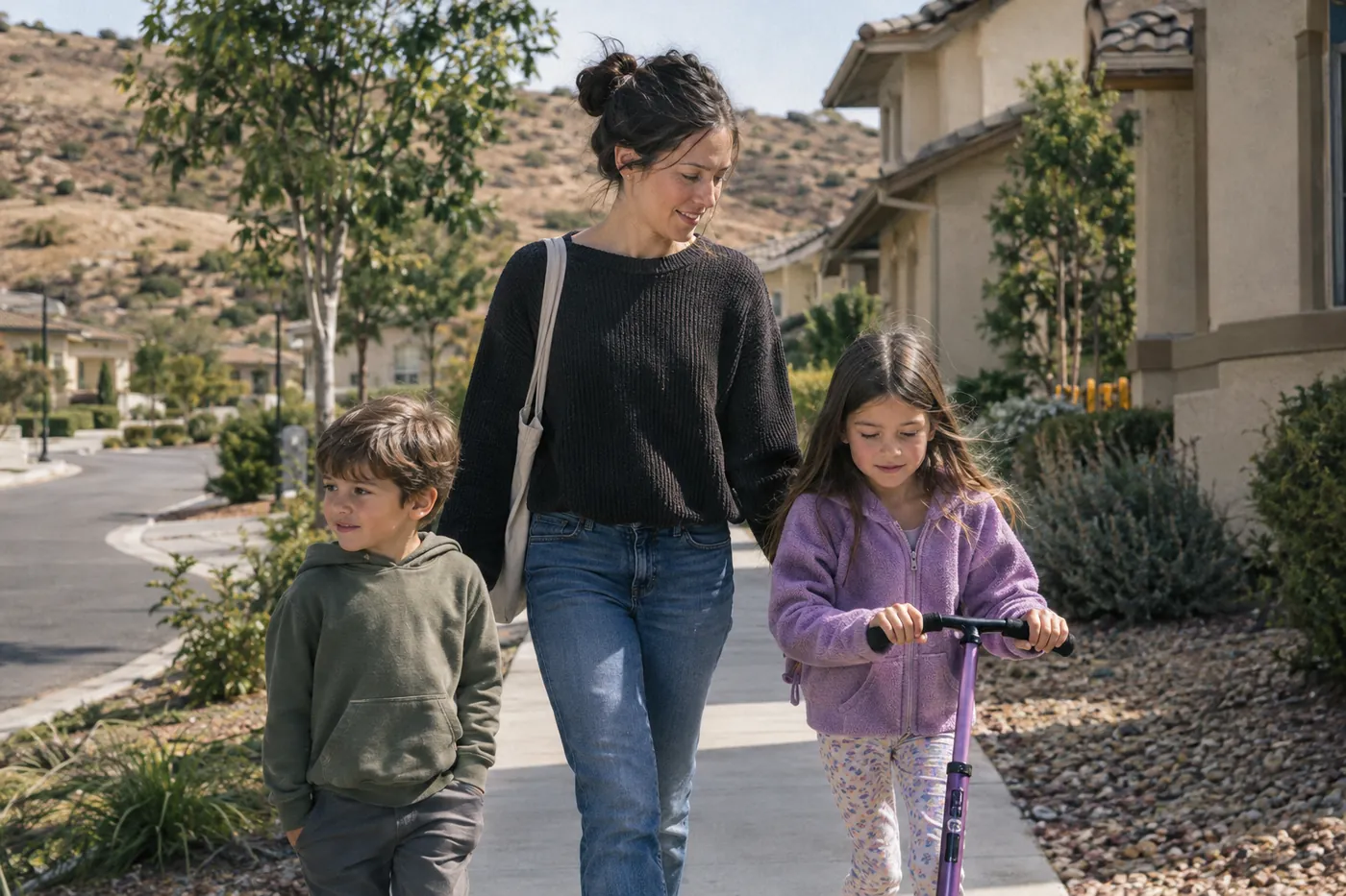 A mother and kids walking through a newer neighborhood