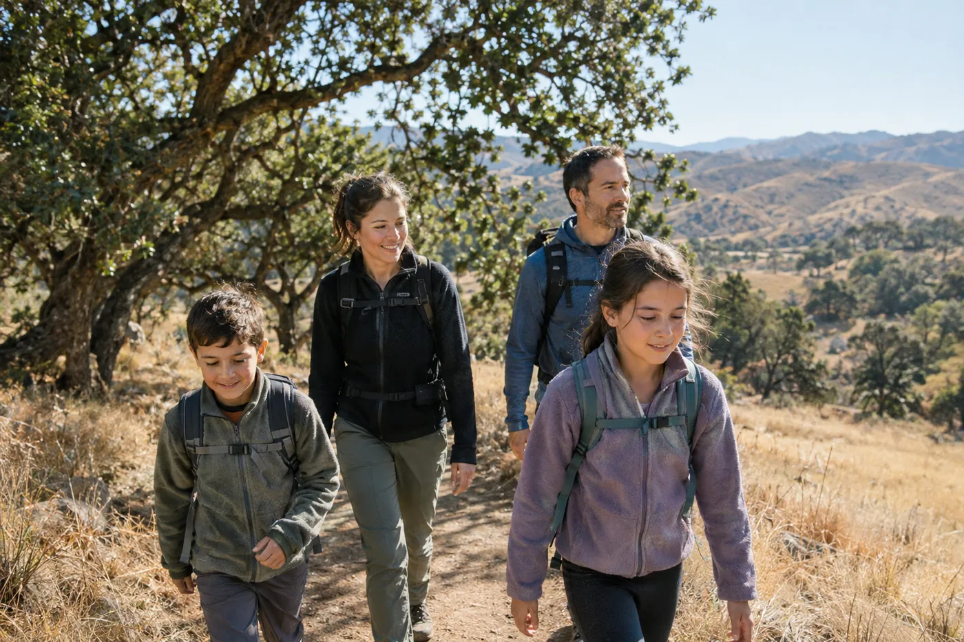 A family hiking a trail through oak-covered hills