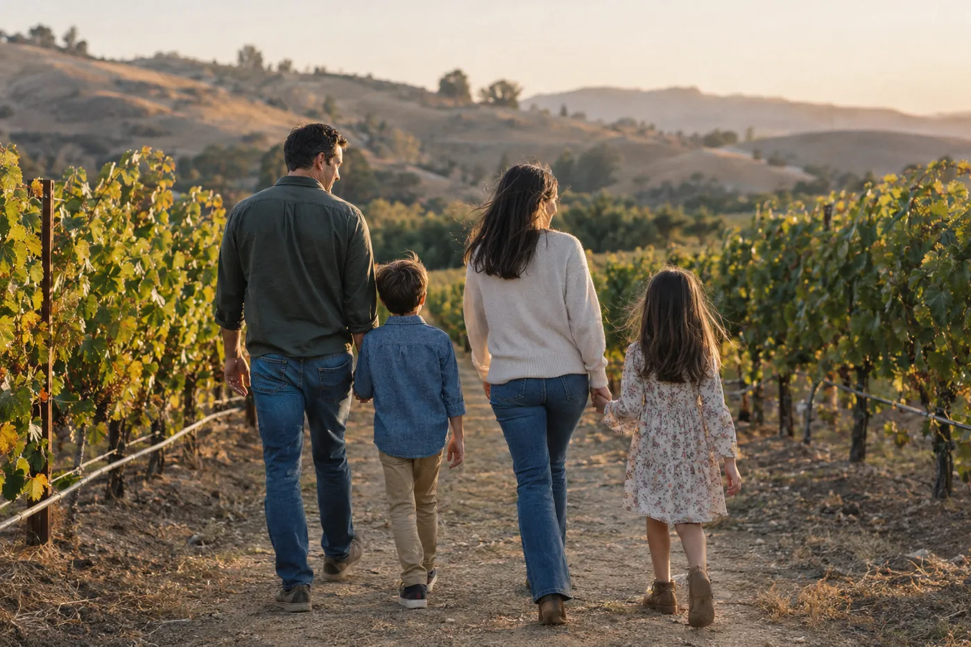 A family walking through vineyard hills in Southwest Riverside County