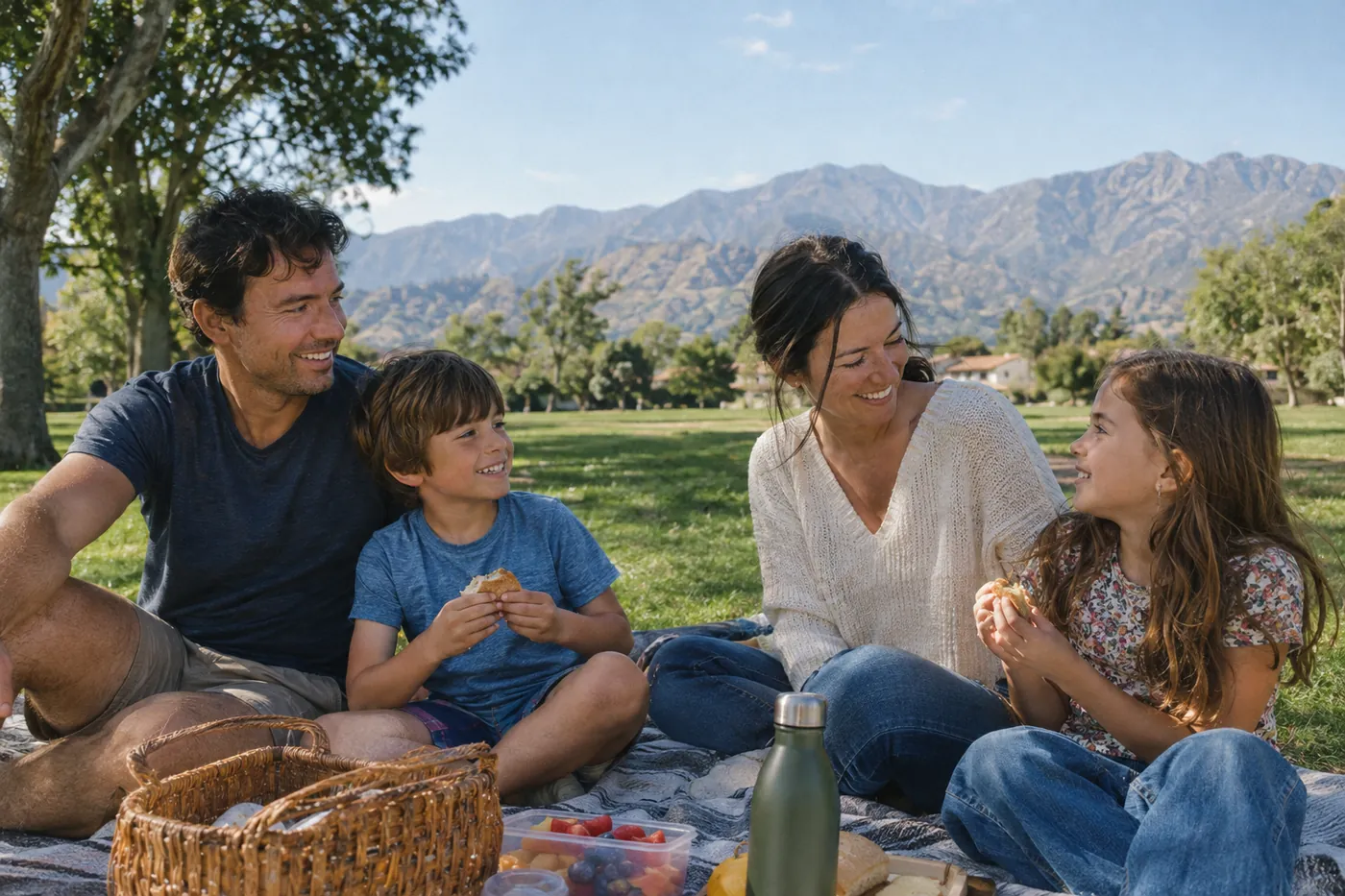 A family picnic in a park with mountains behind
