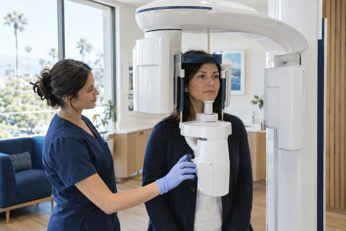 A patient standing in a 3D dental imaging machine
