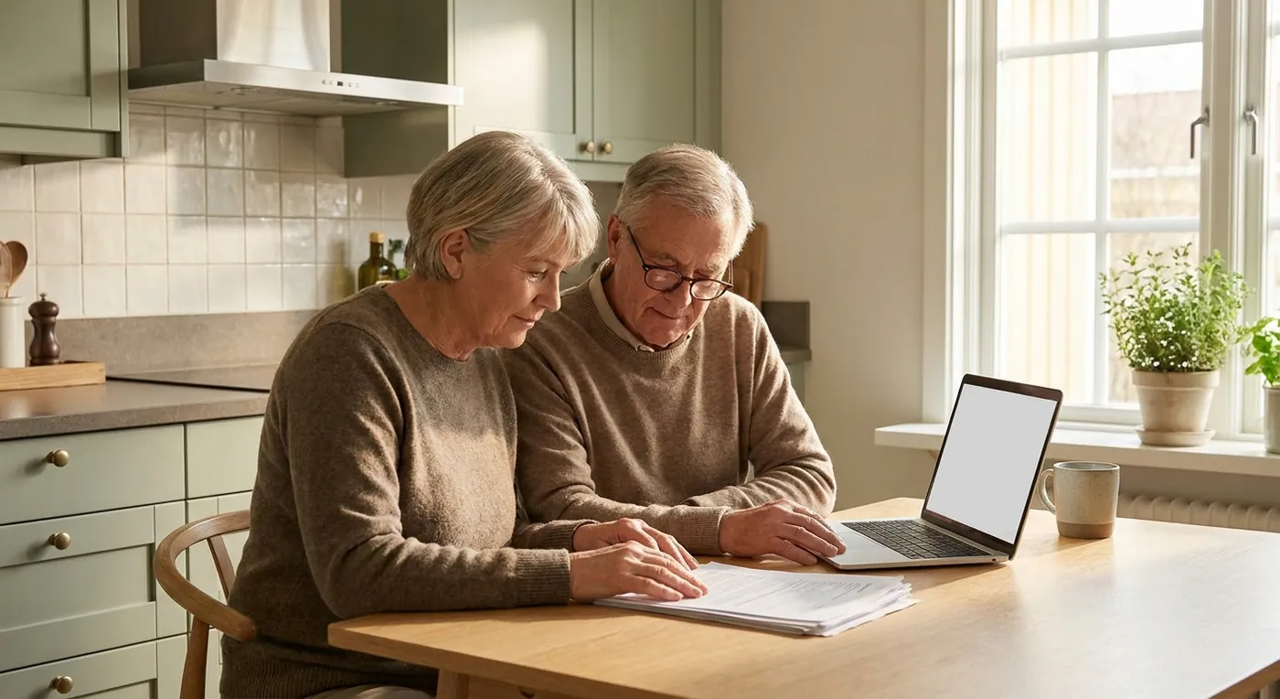 An older couple reviewing paperwork together at their kitchen table