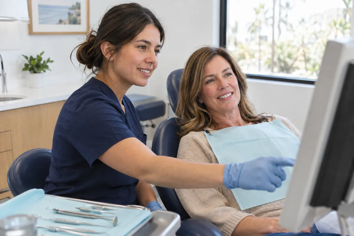 A dental hygienist talking with a smiling patient during a cleaning and exam