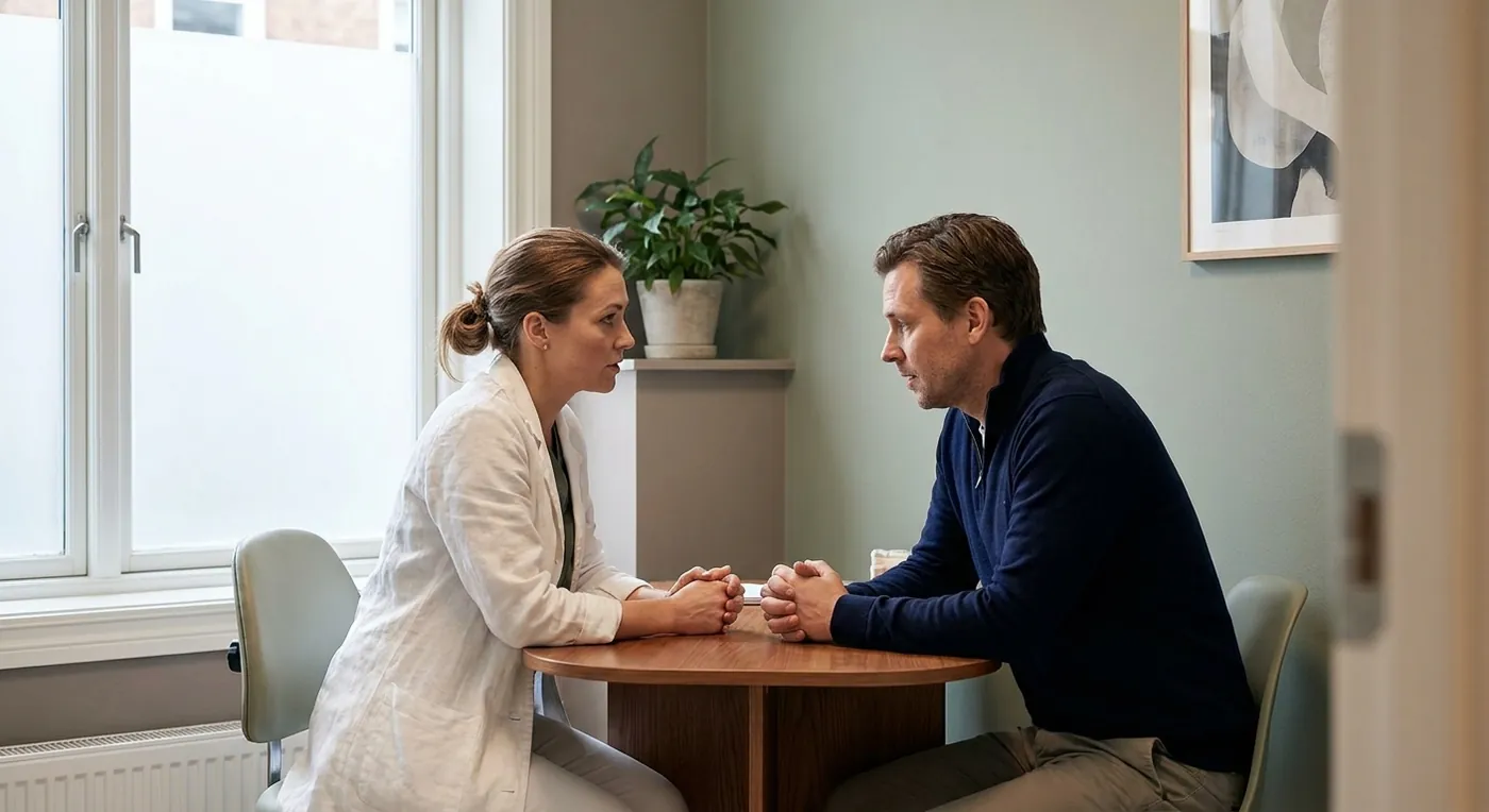 A dentist and a patient talking across a consultation table