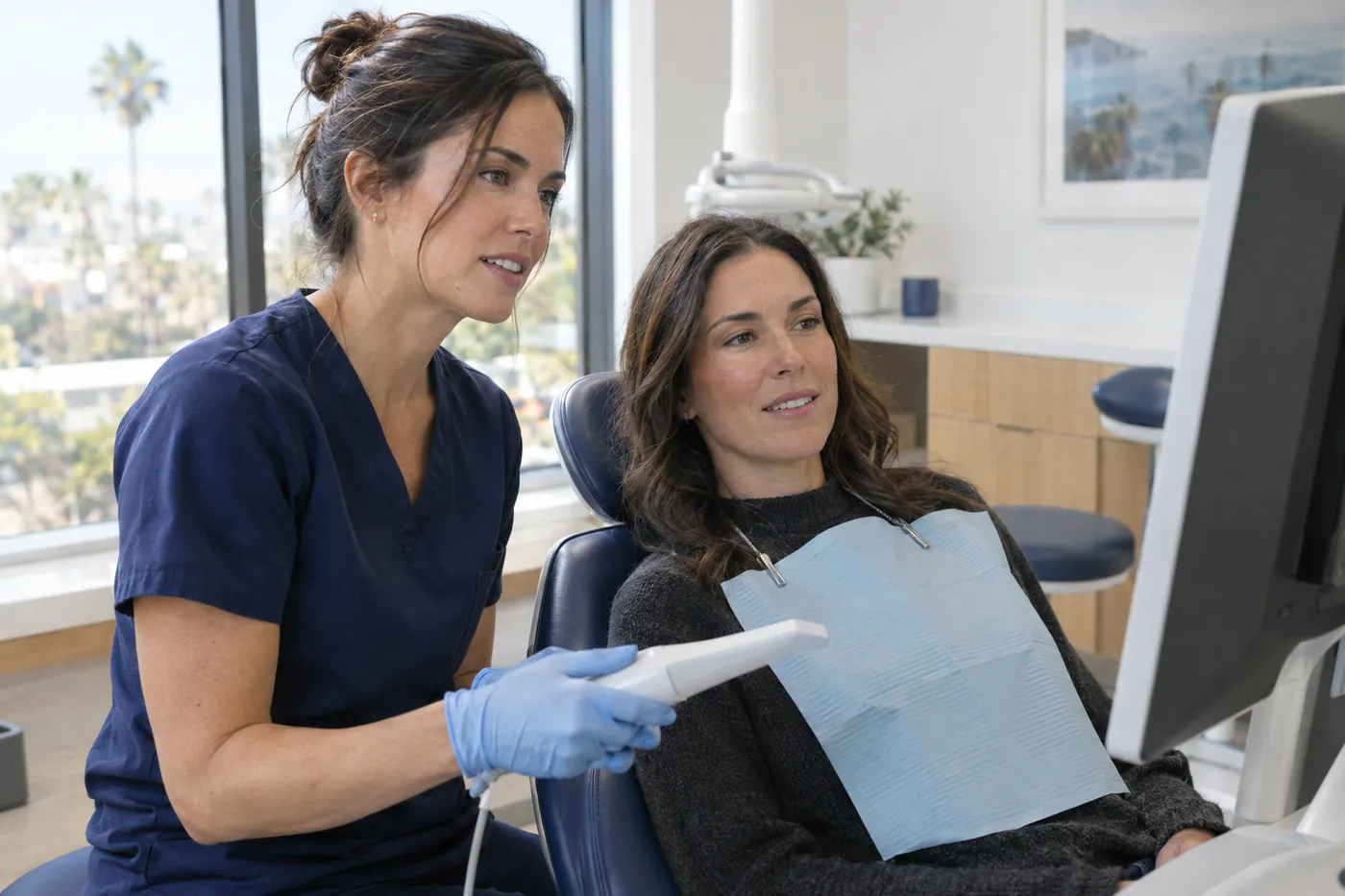A dentist using a digital intraoral scanner while the patient watches