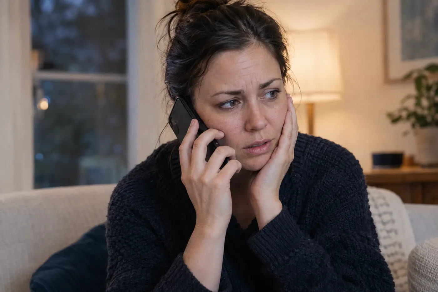 A woman calling the dentist about tooth pain in the evening