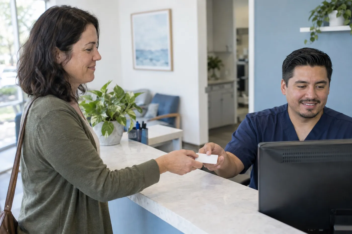 A patient handing her dental insurance card to the front desk