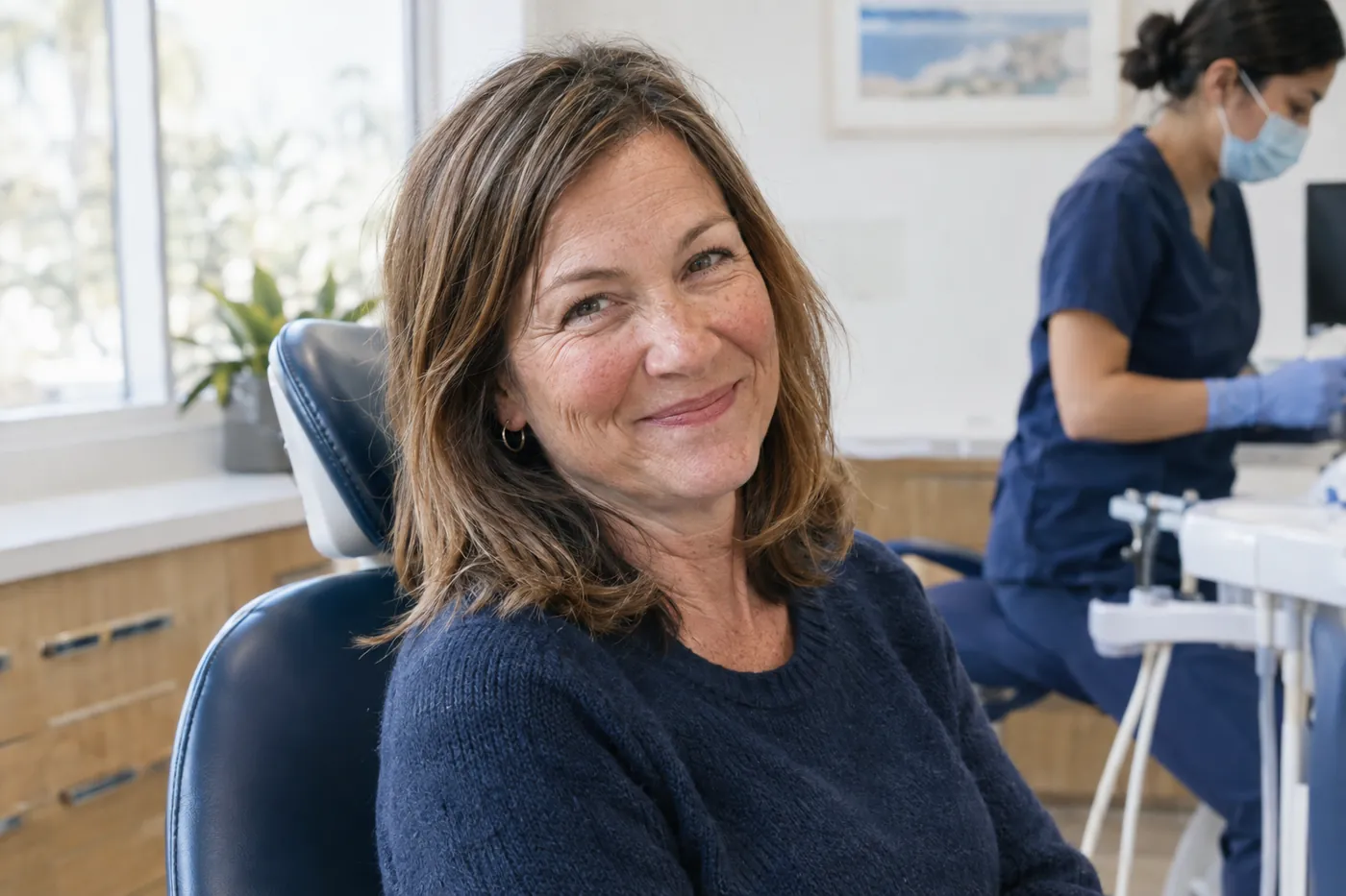A woman smiling with closed lips