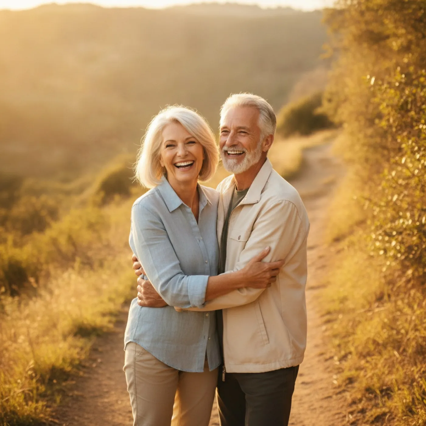 An older couple smiling on a hillside trail