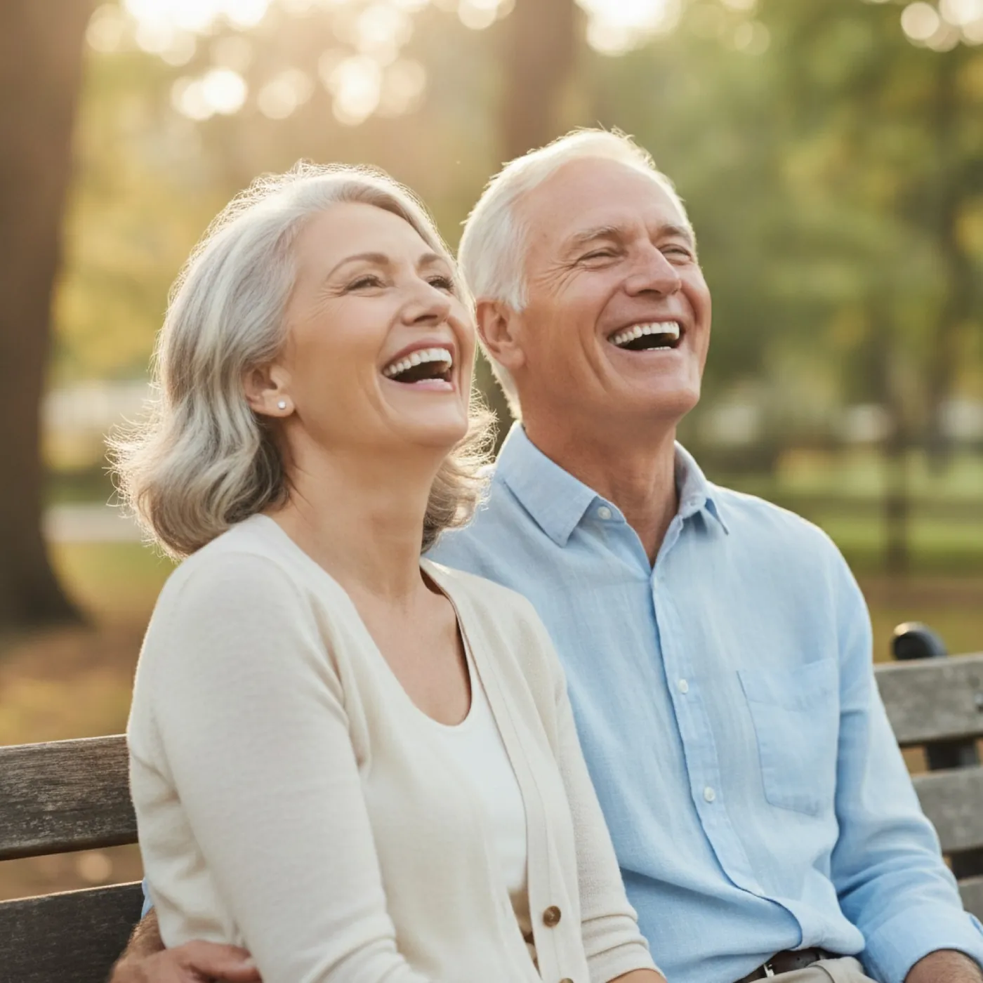 An older couple laughing together on a park bench