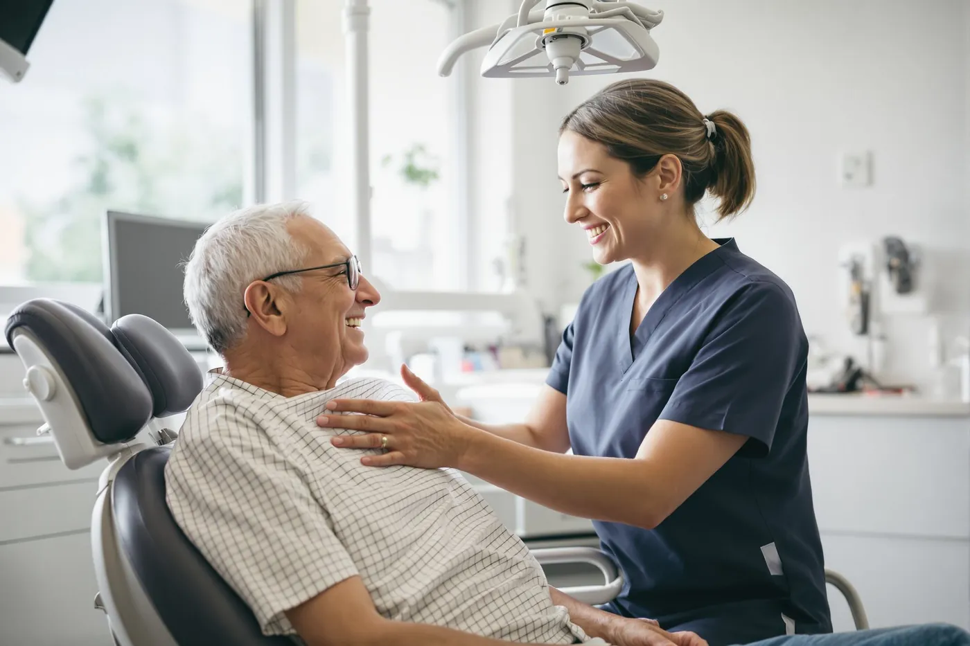 A dental team member reassuring an older man in the dental chair