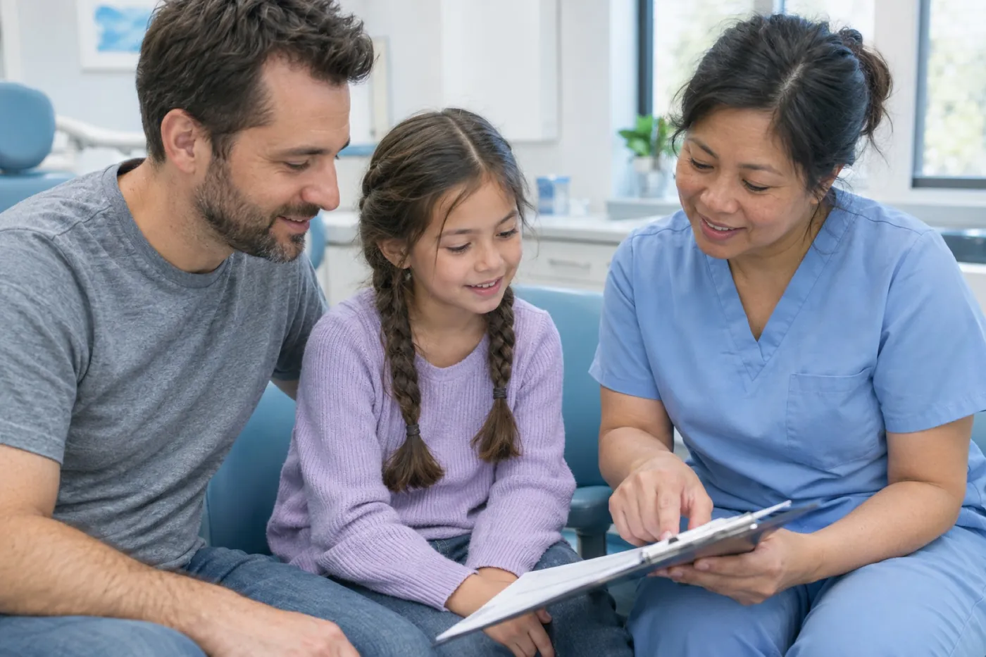 A dental team member reviewing a treatment estimate with a father and daughter