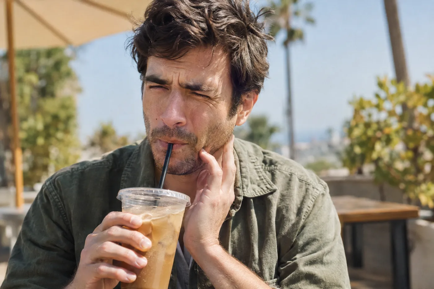 A man wincing from tooth sensitivity while drinking an iced drink