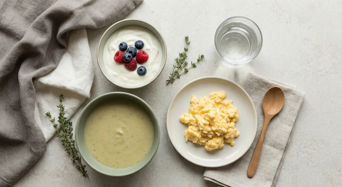Soft foods like yogurt, soup and scrambled eggs with a glass of water