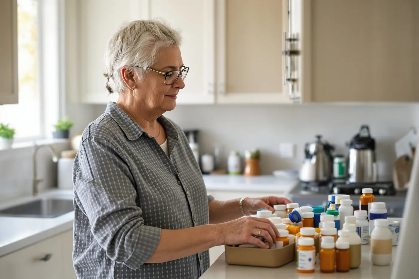 An older woman sorting her medications at the kitchen counter