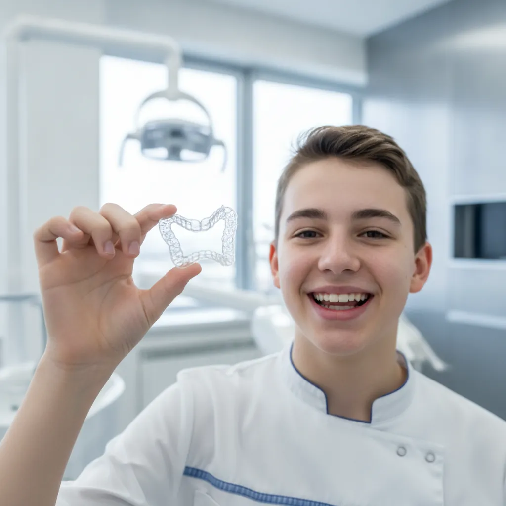 A smiling teenager holding a clear aligner