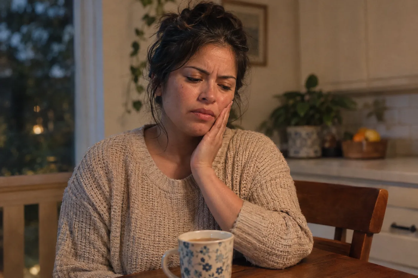 A woman at her kitchen table holding her cheek because of a toothache