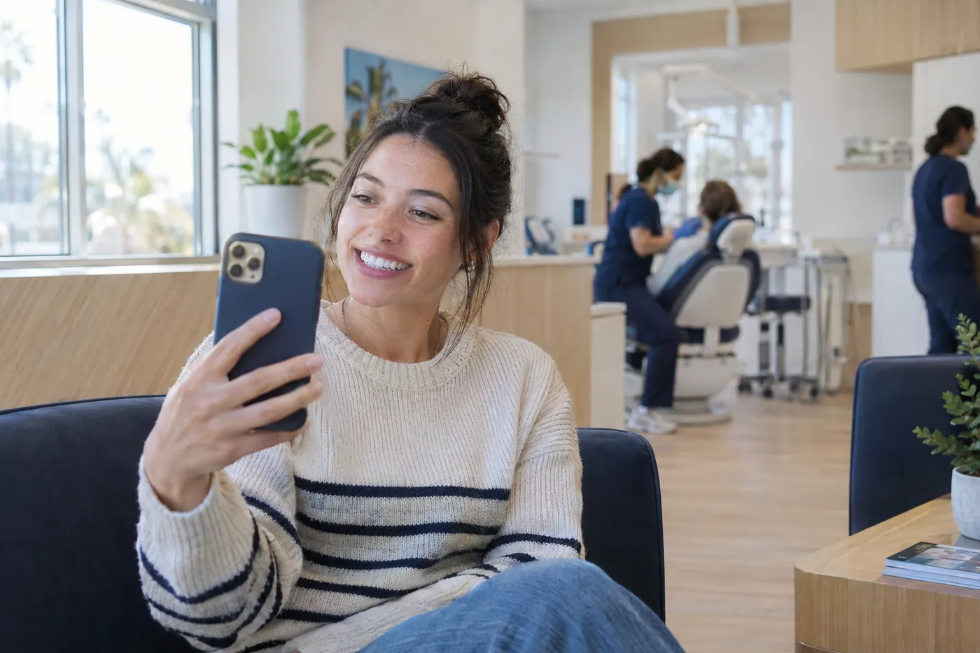 A young woman checking her smile on her phone