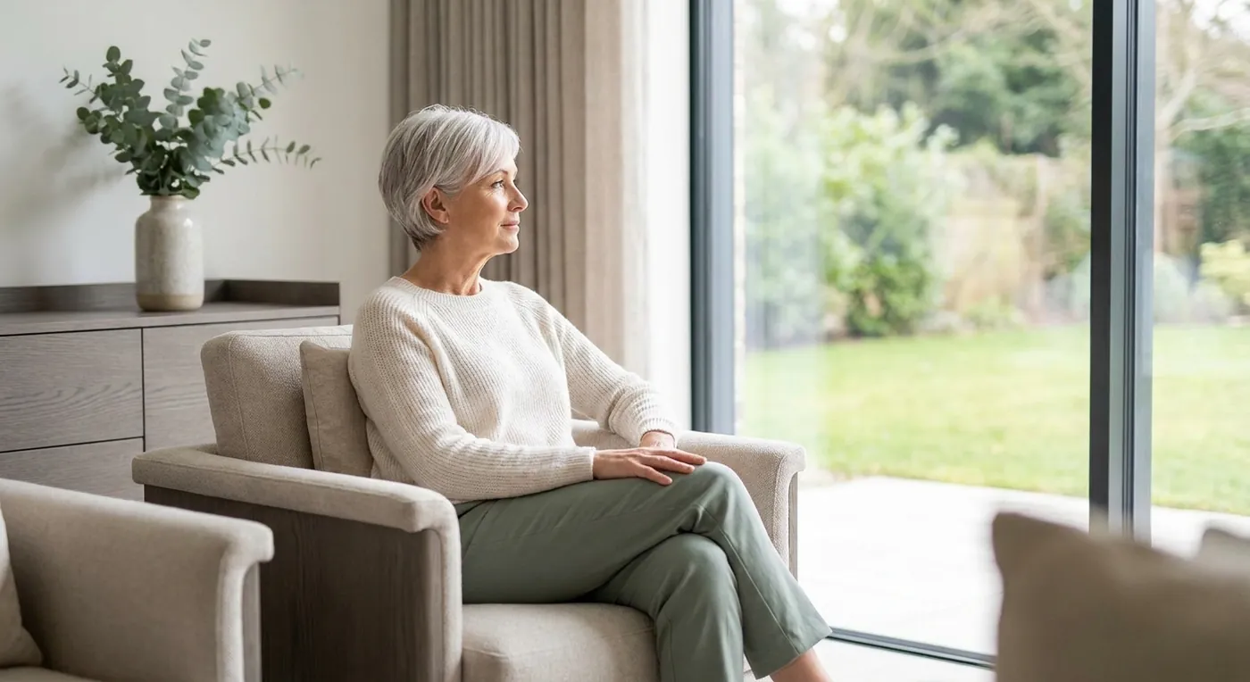 A woman sitting calmly in a bright consultation room